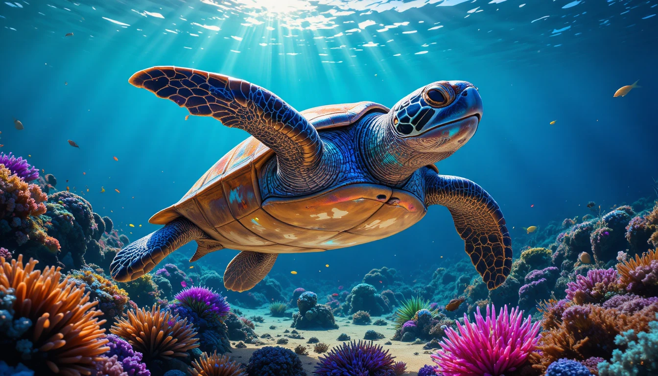 Sea turtle gliding through sunlit crystal blue ocean