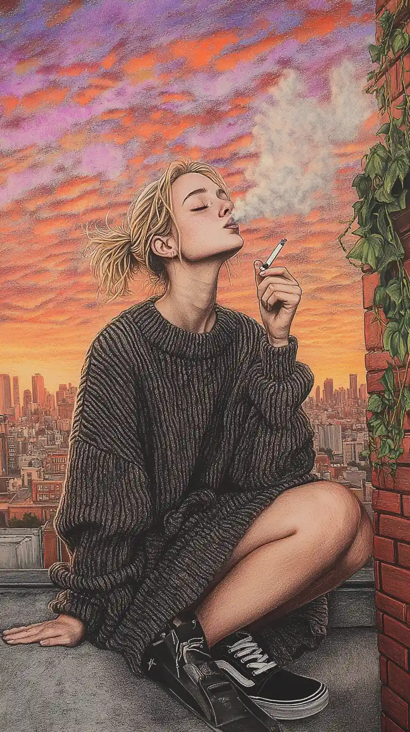 Young woman smoking on a rooftop at colored pencil sunset