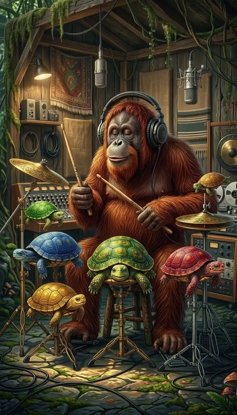 Orangutan Drummer Playing Happy Turtles As A Surreal Drum Kit