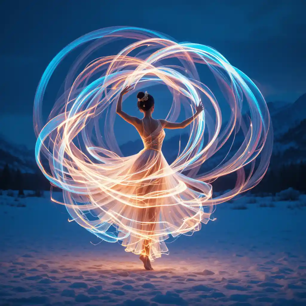 Scie di luce colorata che vorticano attorno a una danzatrice invisibile