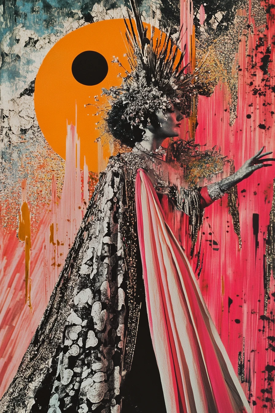 Surreal bohemian woman in joyful colorful collage portrait