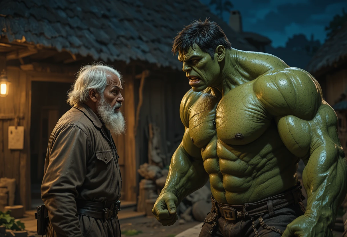 Old man scolding a giant hulk villager at night