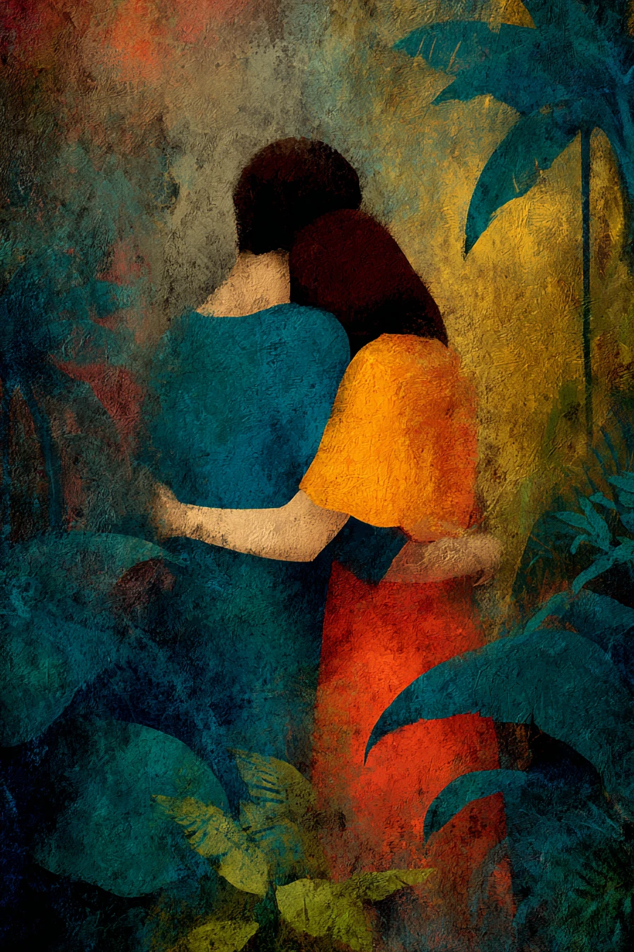 Couple Parting In A Surreal Jungle Maze At Dusk