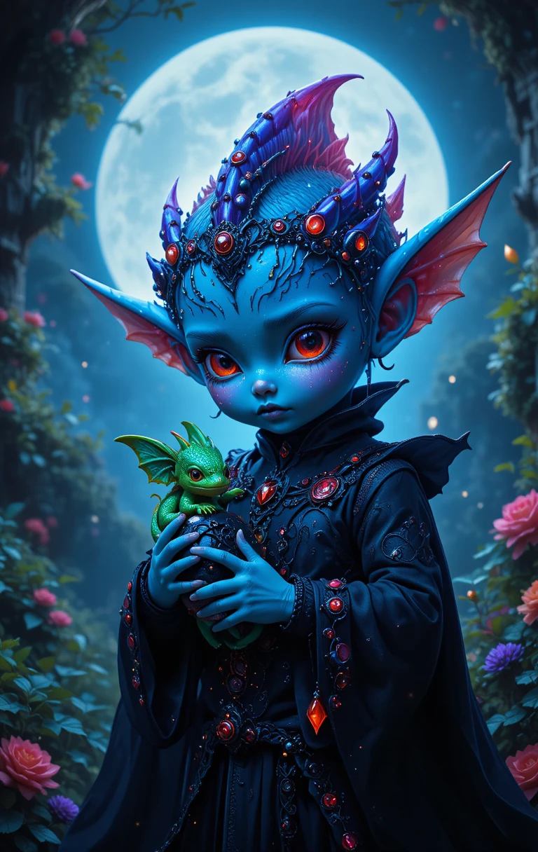 Blue skinned child holding baby dragon under glowing moon