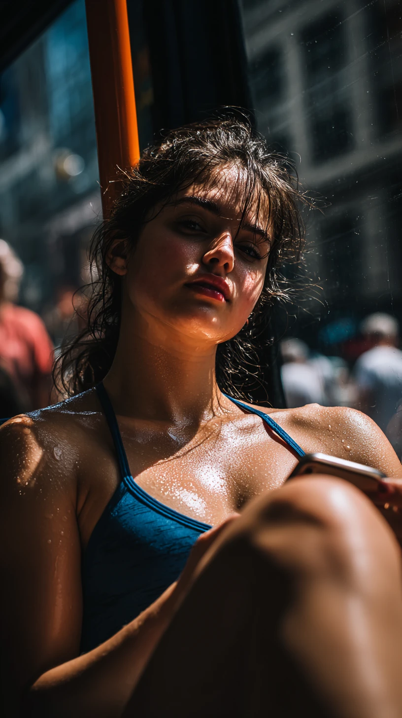 Cinematic portrait of a woman riding a morning city bus