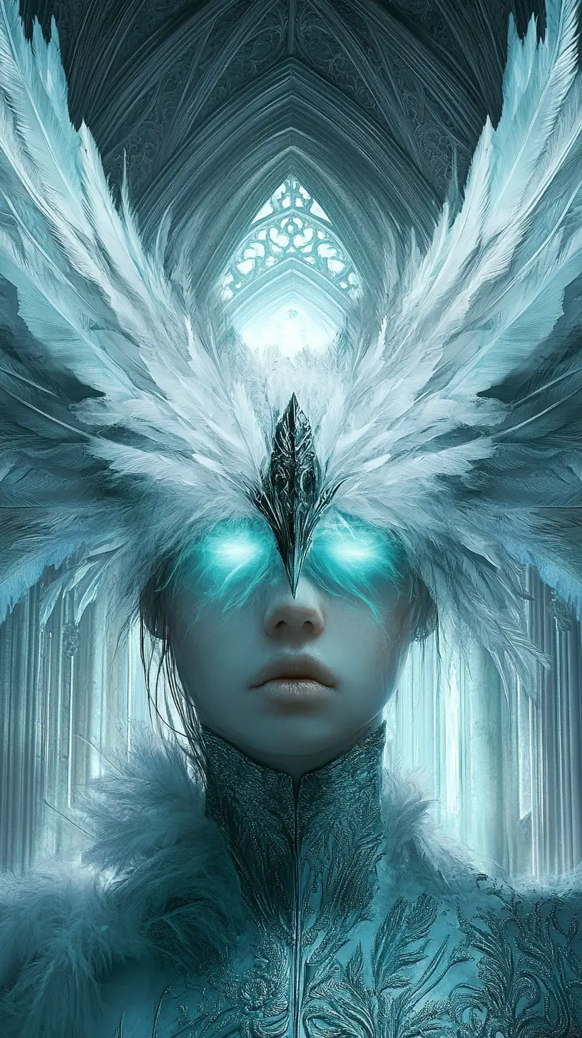 Angelic figure with veiled eyes in a gothic cathedral