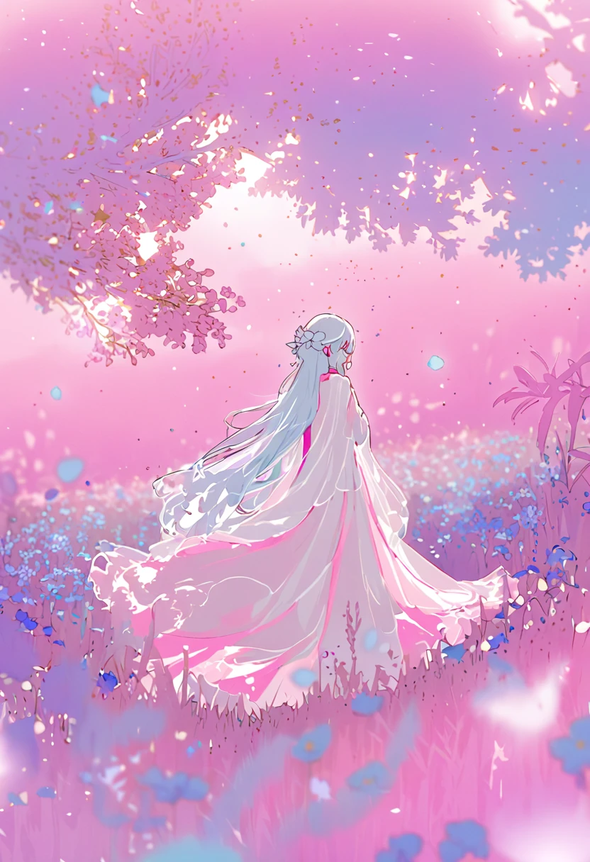 Chica de anime flotando sobre un campo de flores moradas de ensueño