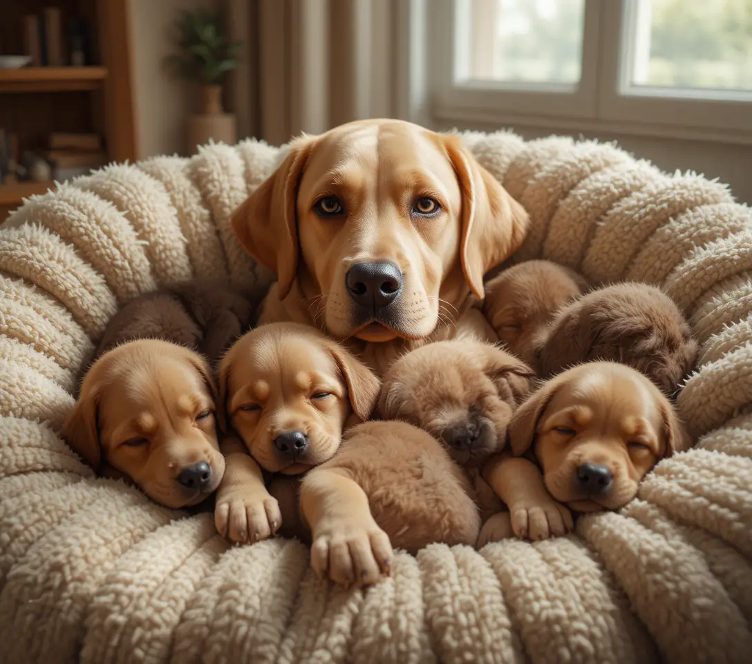 Sleeping labrador puppies resting together in natural indoor light