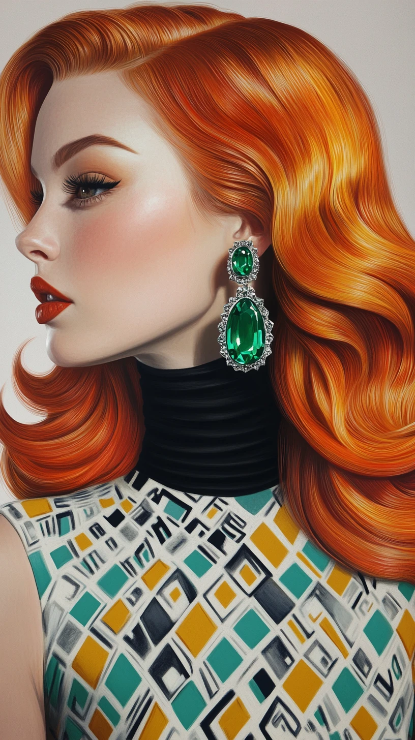 Fashion bust portrait with orange wavy hair and bold earrings