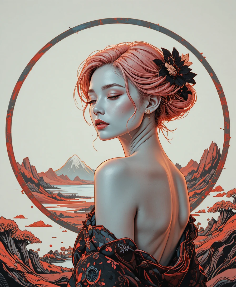 Mujer de piel plateada y cabello rosa en retrato gráfico
