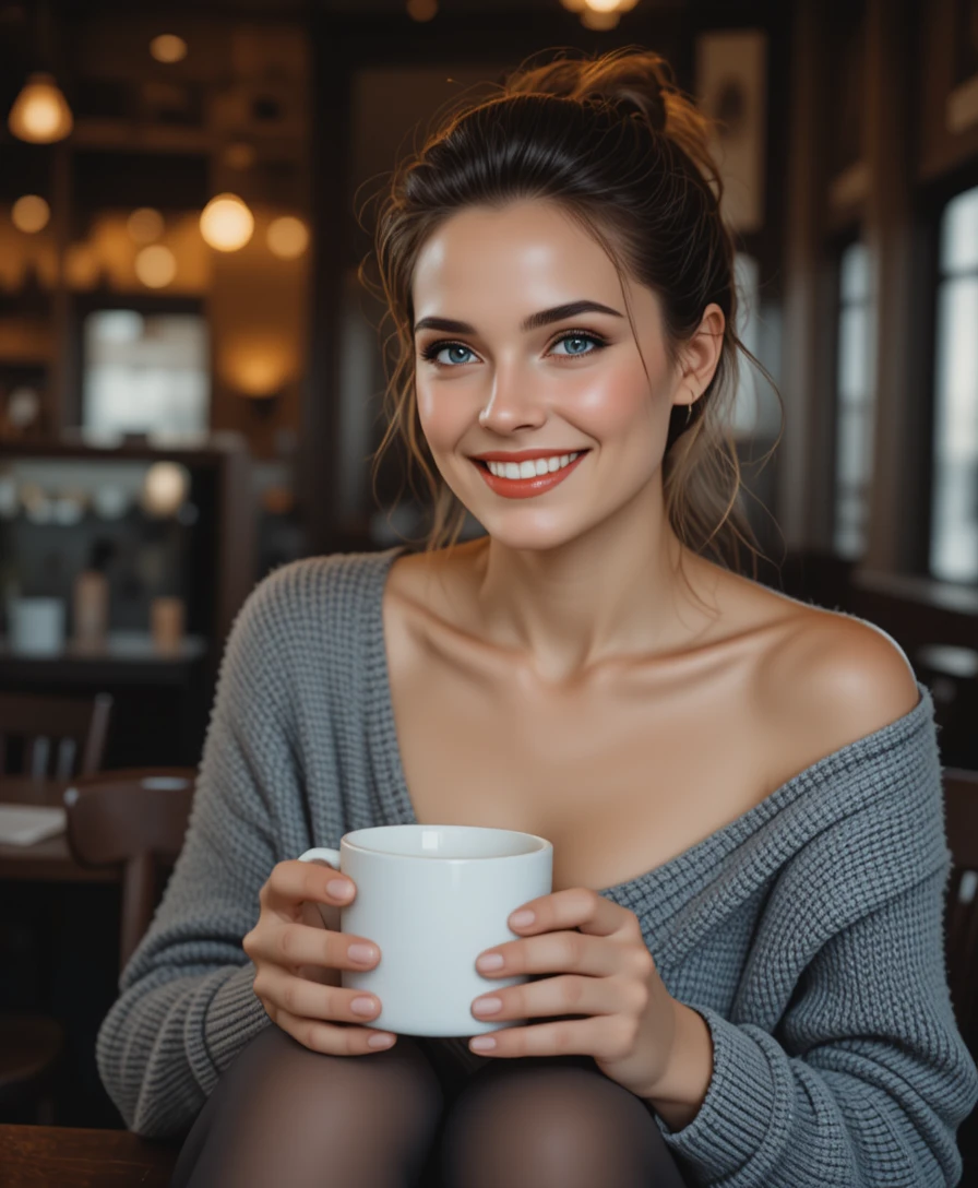Young woman on table with coffee in moody cafe
