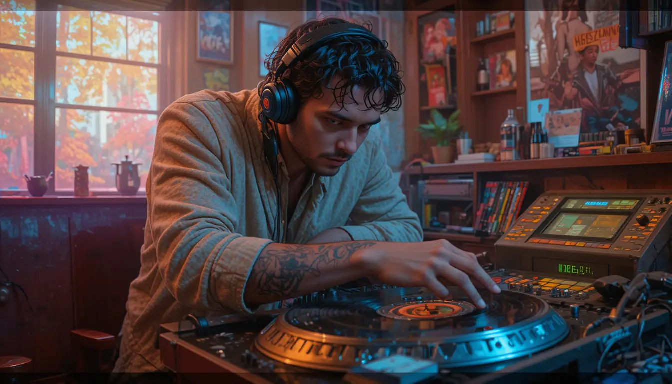 Neon claymation style dj man surrounded by retro music vibes