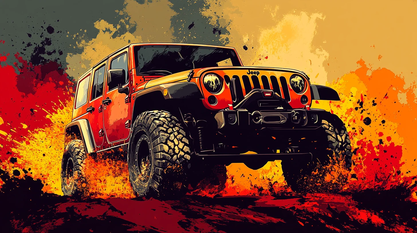 Ilustración vectorial audaz de jeep con fondo de salpicaduras ardientes