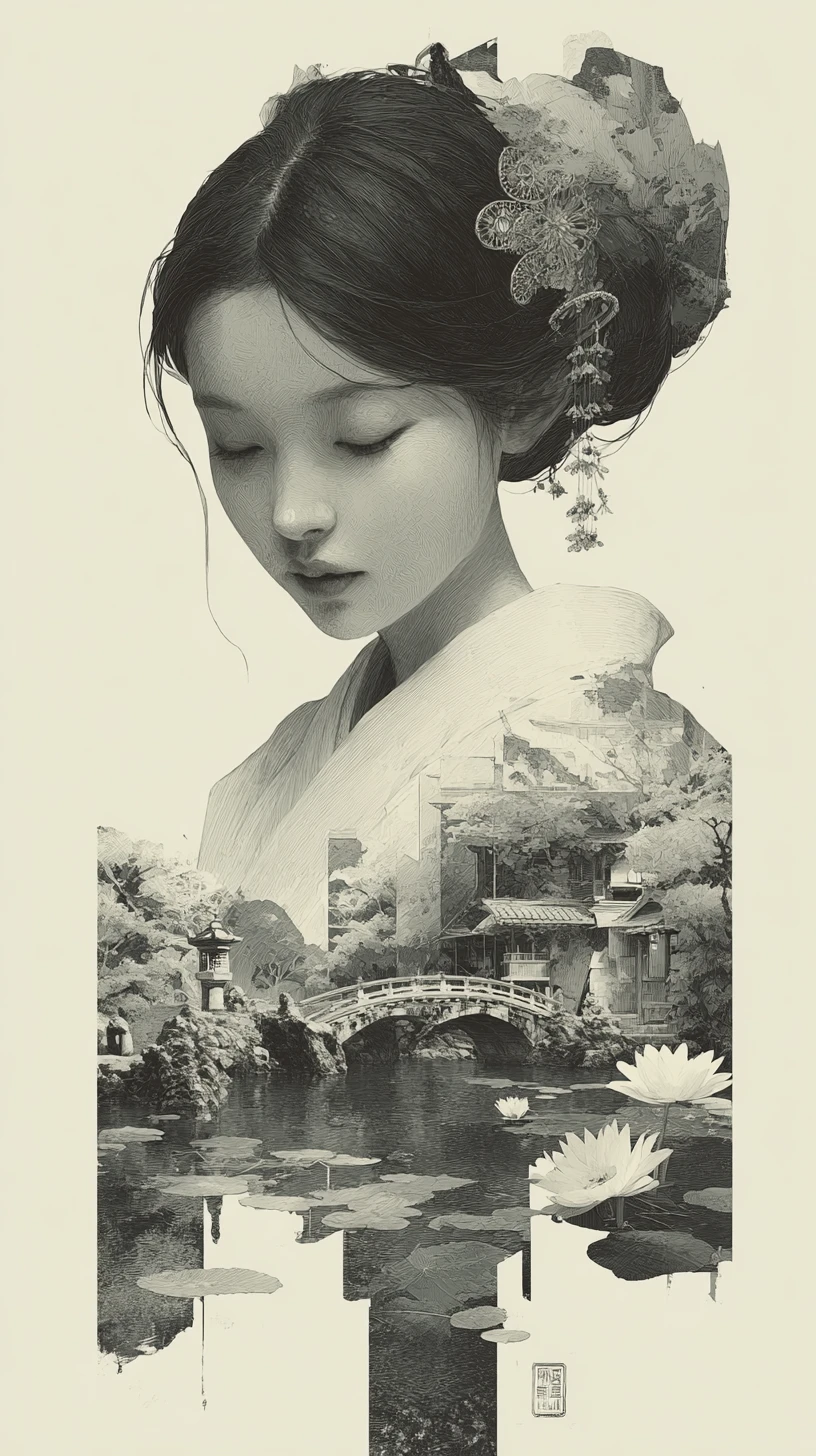 Contemplative Japanese woman with kimono and garden vision