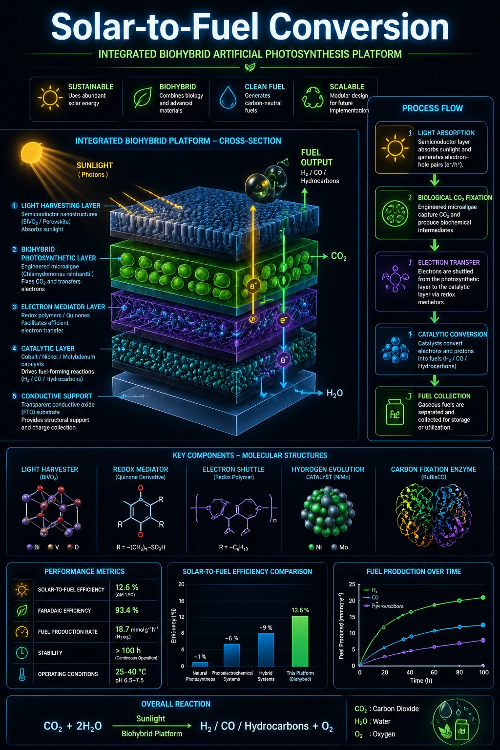 Scientific infographic of an integrated artificial photosynthesis platform