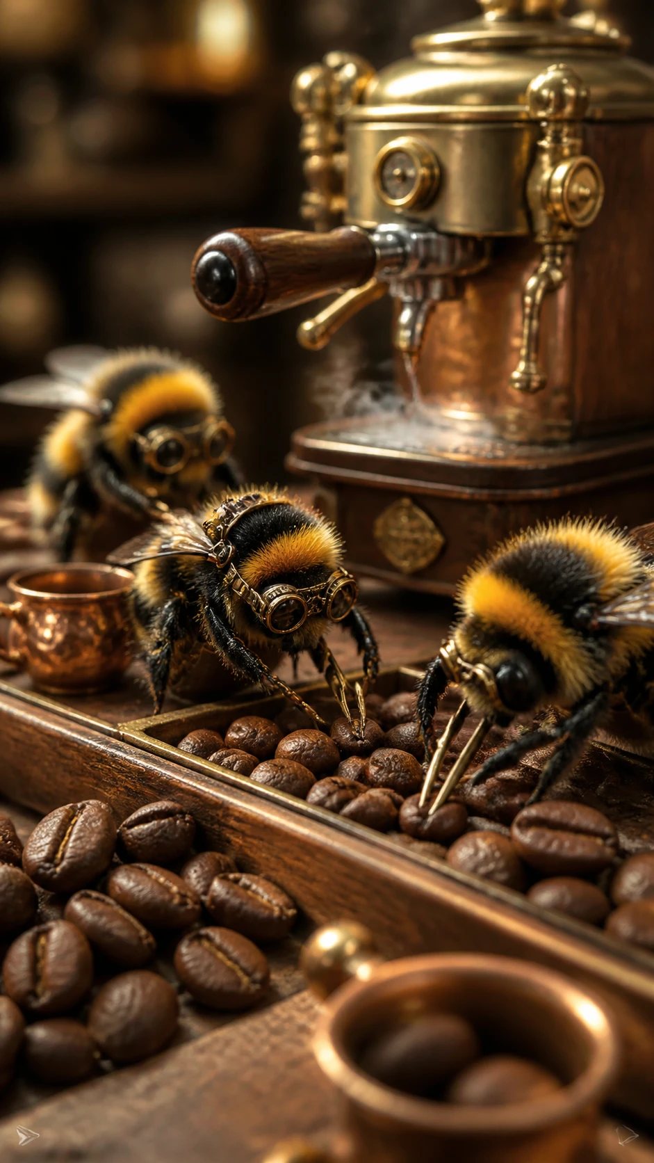 Miniature bees roasting coffee in a warm brass workshop