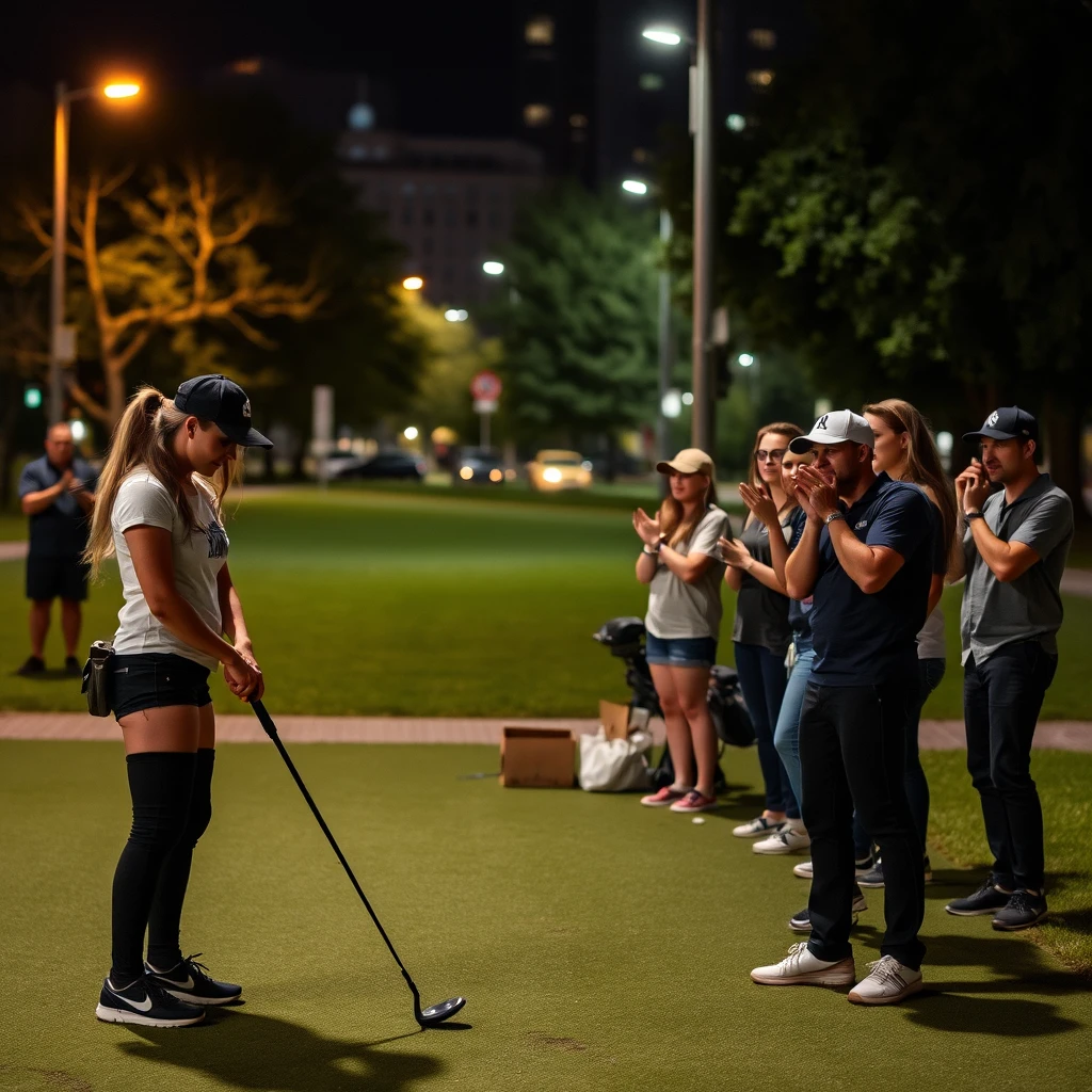 Two girls playing casual golf on a city street