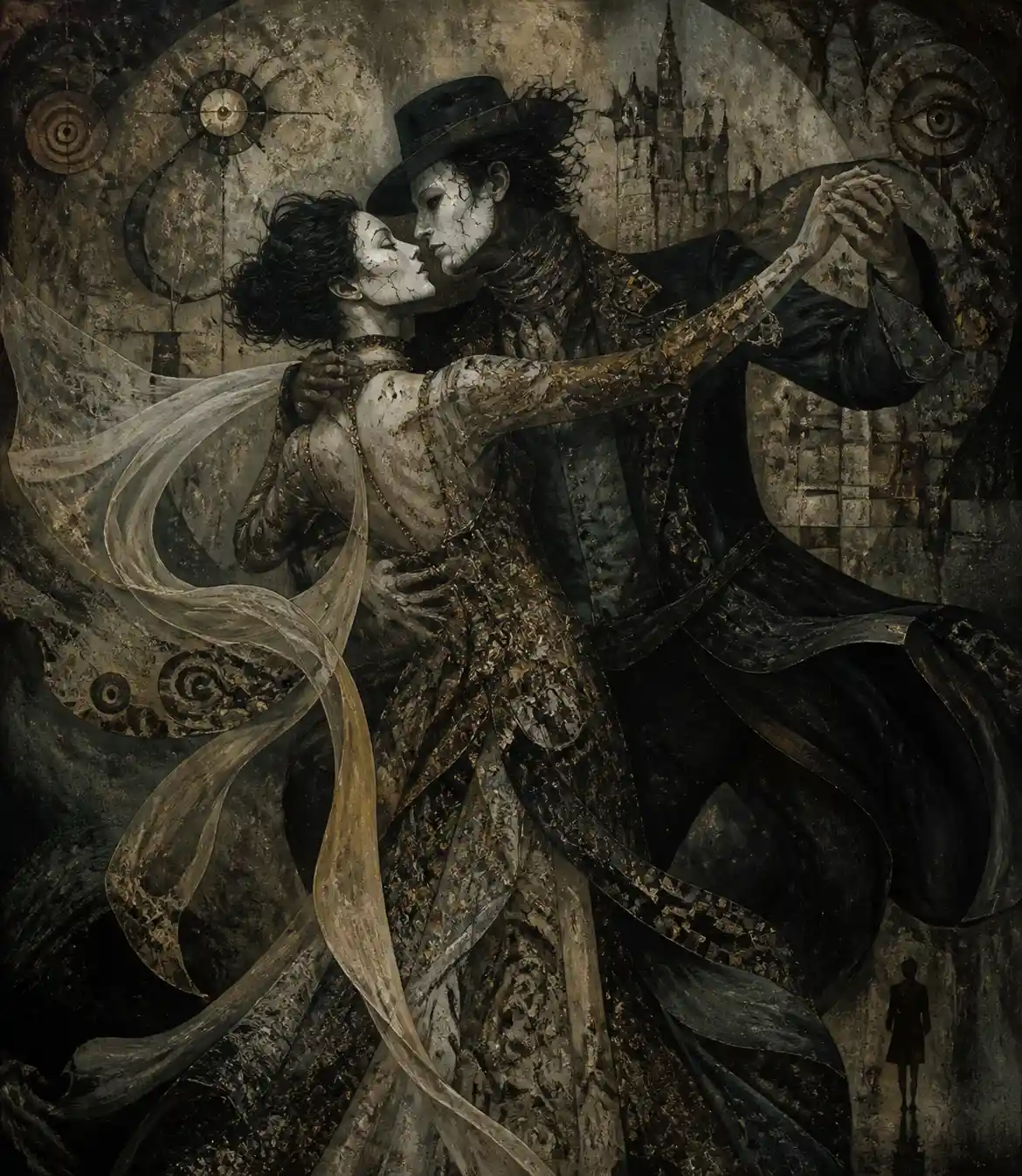 Surreal noir couple in a romantic dance with white cracked masks