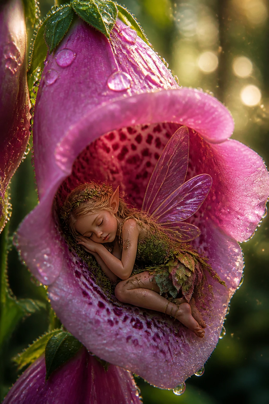 Tiny fairy resting inside a dew kissed foxglove bloom