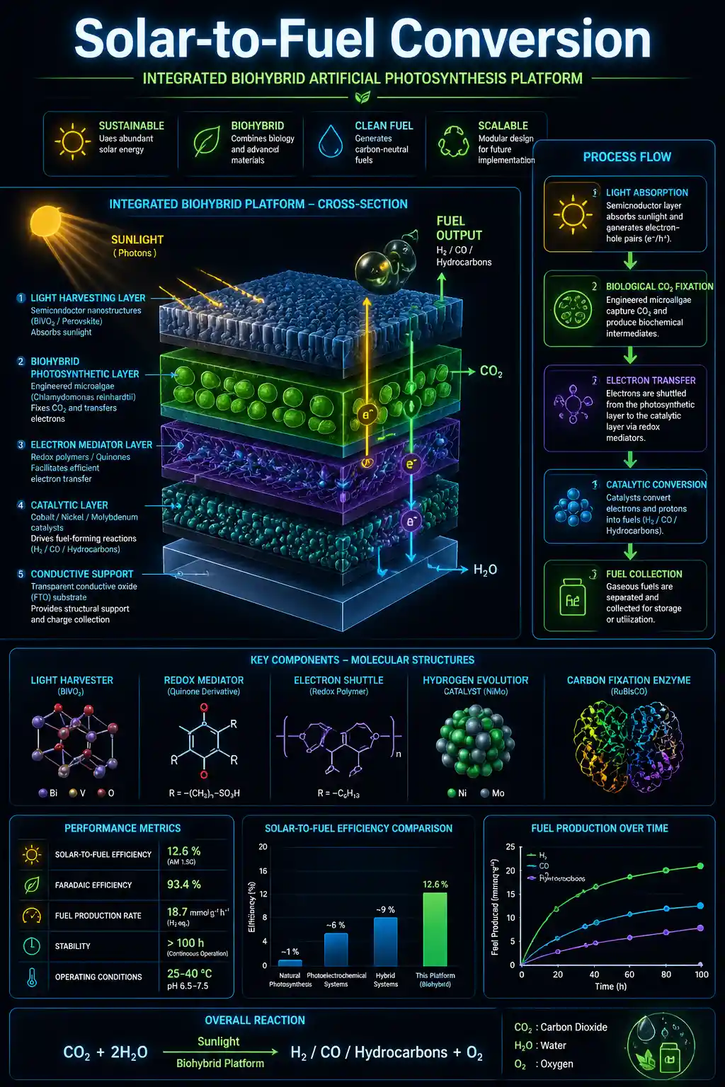 Wissenschaftliche Infografik zu einer integrierten künstlichen Photosynthese-Plattform