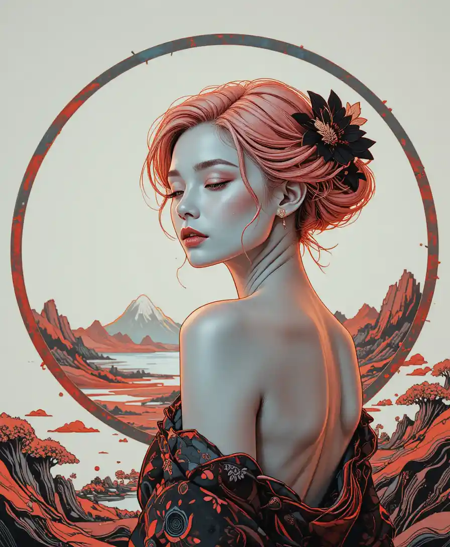 Donna dalla pelle argentata e capelli rosa in ritratto grafico