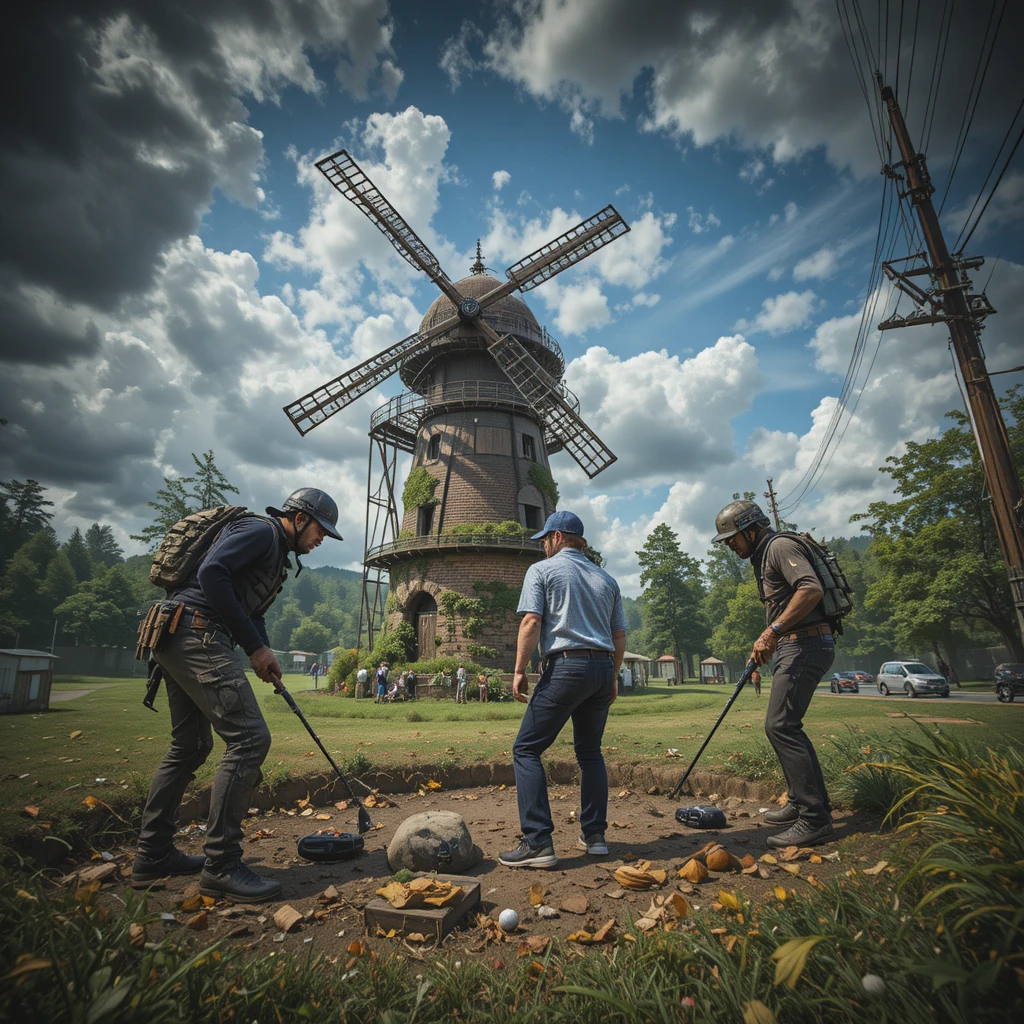 Urban street golf players struggle at the windmill obstacle