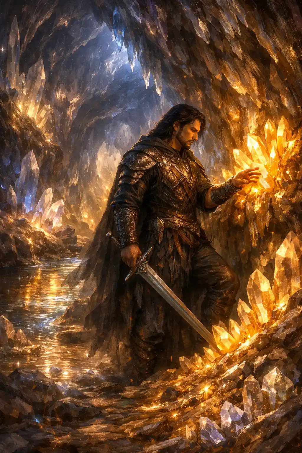 Warrior woman pausing with lowered sword in crystal cave