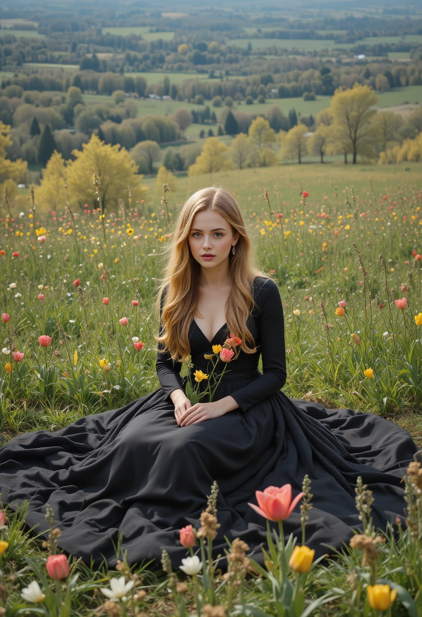 Girl in black dress sitting in grass holding tulips