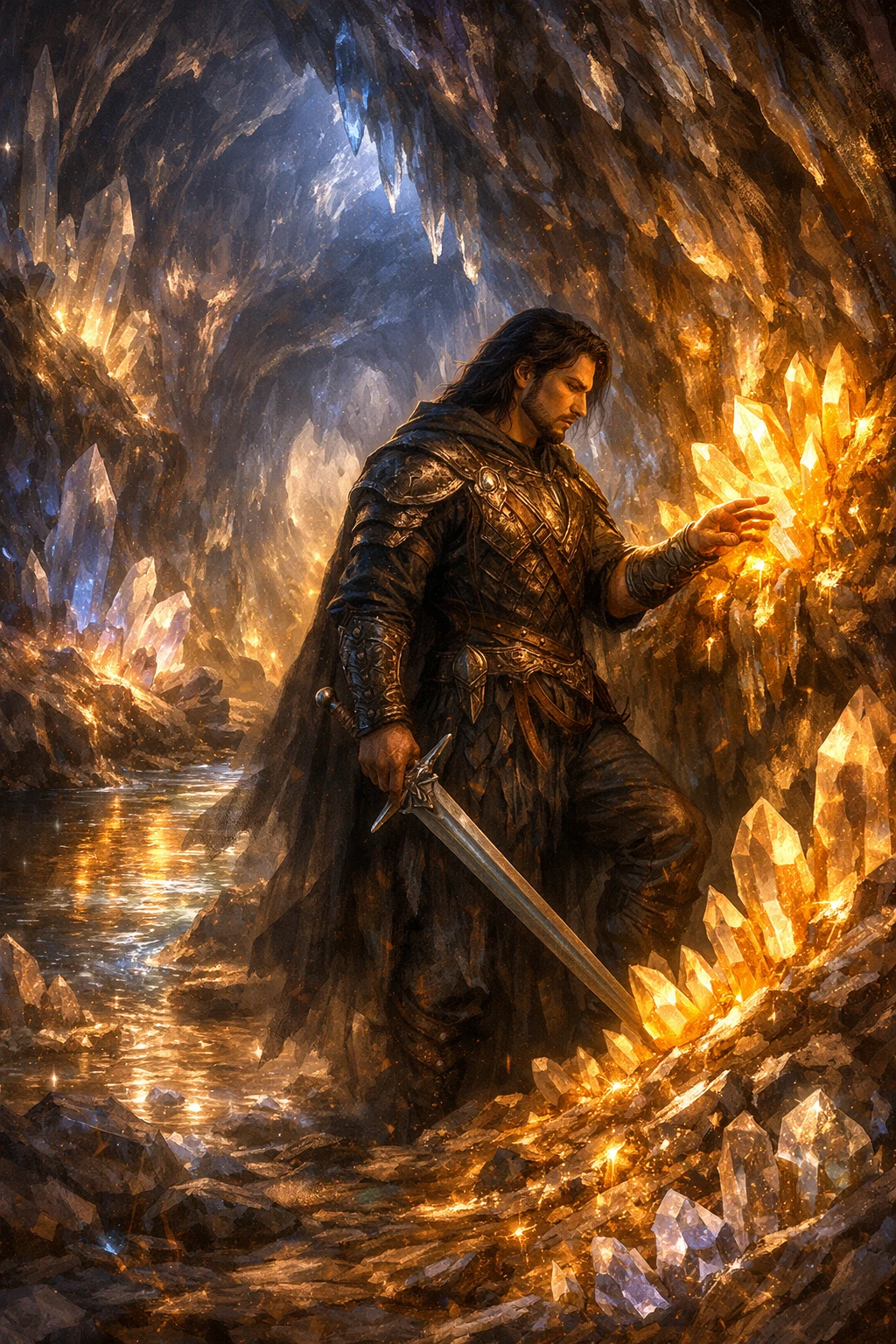 Warrior woman pausing with lowered sword in crystal cave