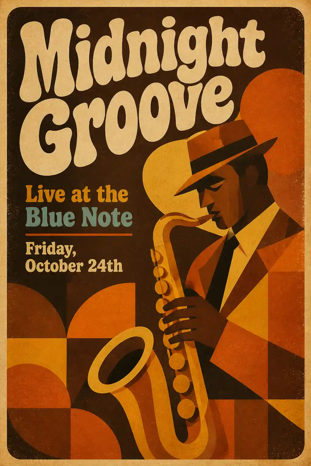 Retro jazz festival poster with abstract saxophone player