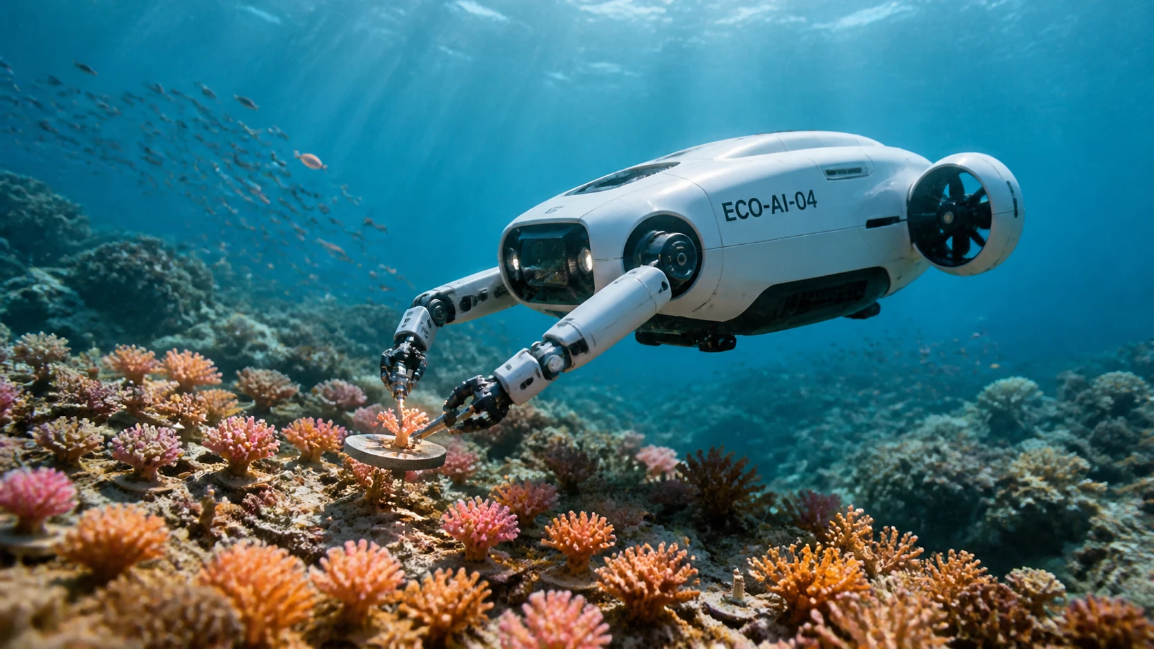 Autonomous reef drone planting coral on a sunlit seabed