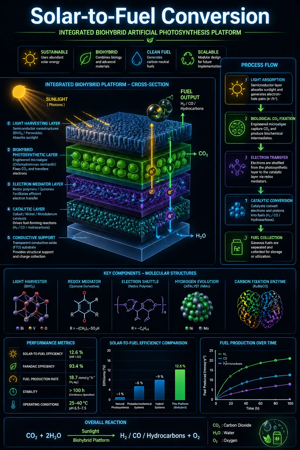 Wissenschaftliche Infografik zu einer integrierten künstlichen Photosynthese-Plattform