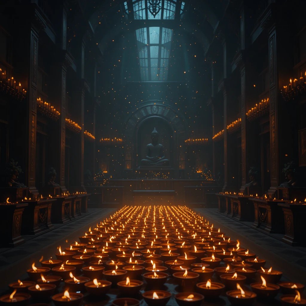 Golden temple interior lit by countless glowing diyas