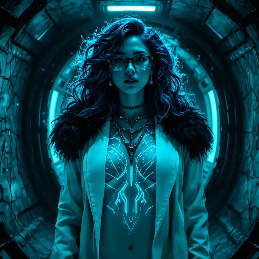 Cyberpunk femme fatale in glowing underwater reactor chamber