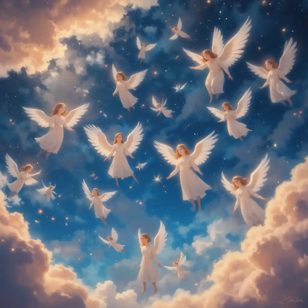 Joyful angels flying together across the open sky