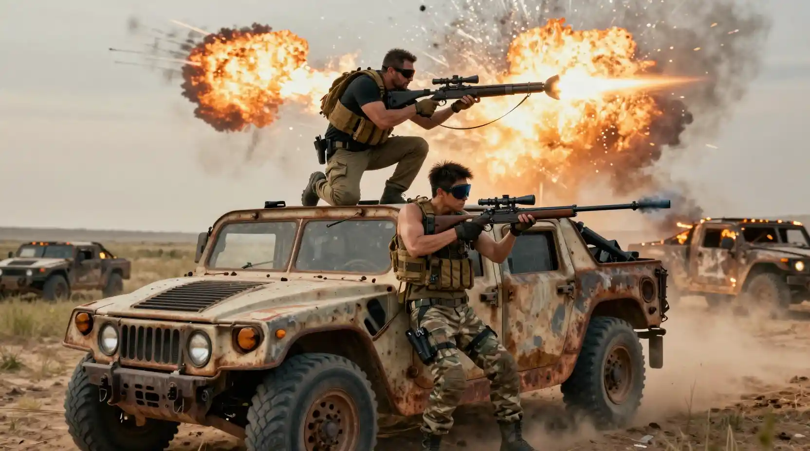 Armed convoy racing through desert at dawn under fire