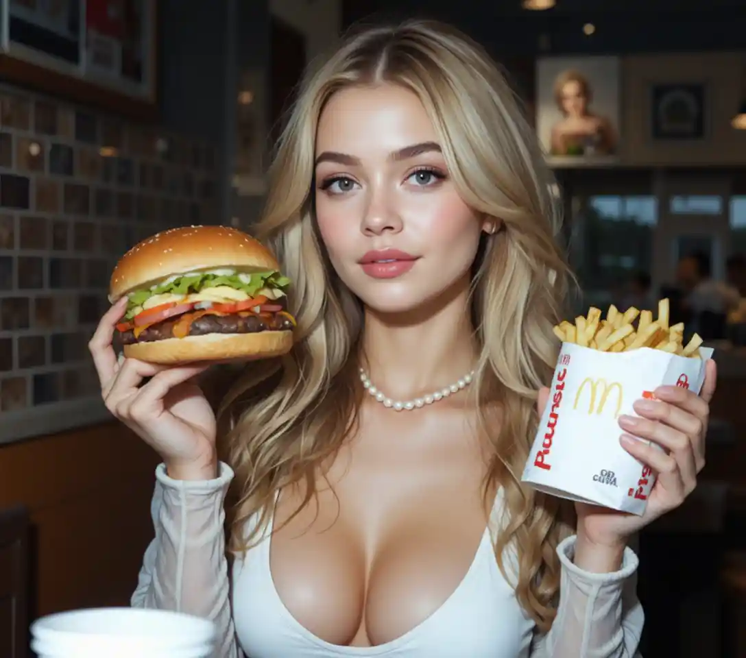 Flirtatious blonde woman enjoying burger and fries indoors