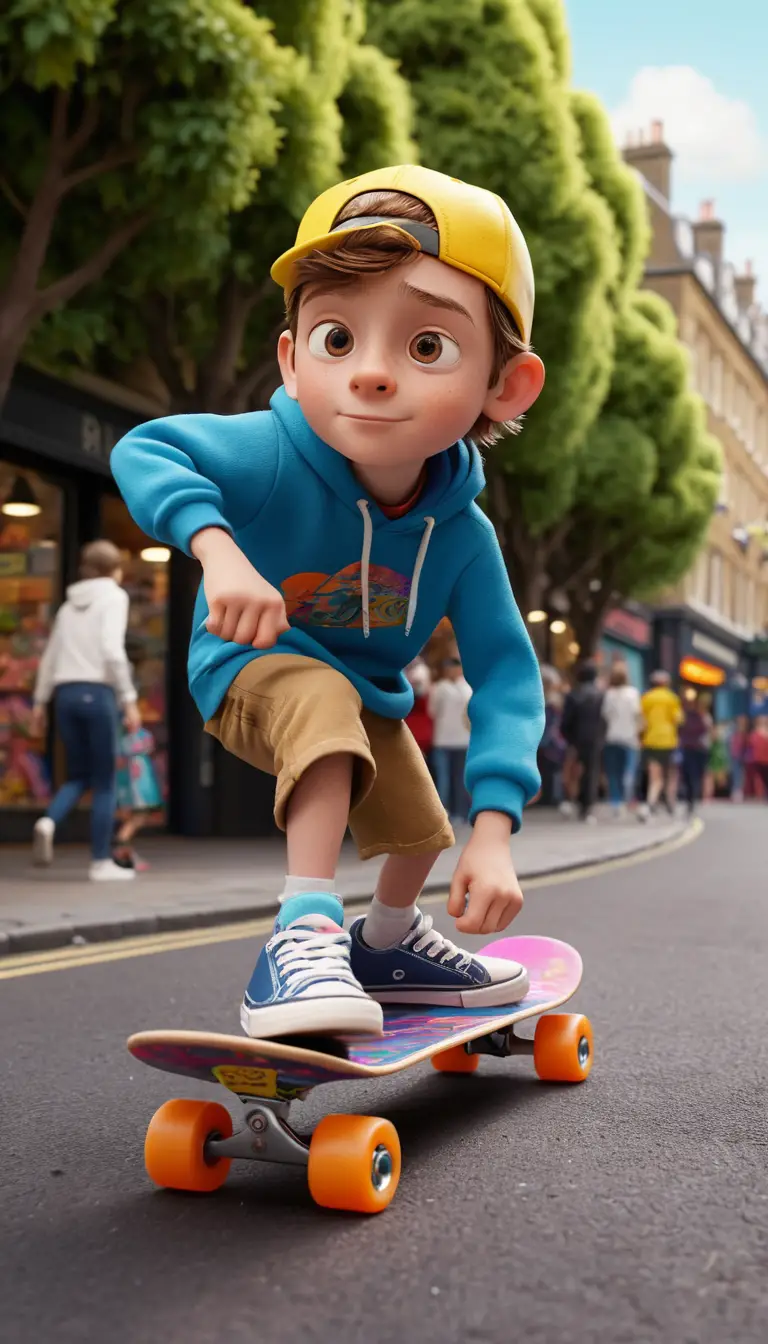 Winziger Kind-Skater rast durch einen lebhaften Londoner Markt