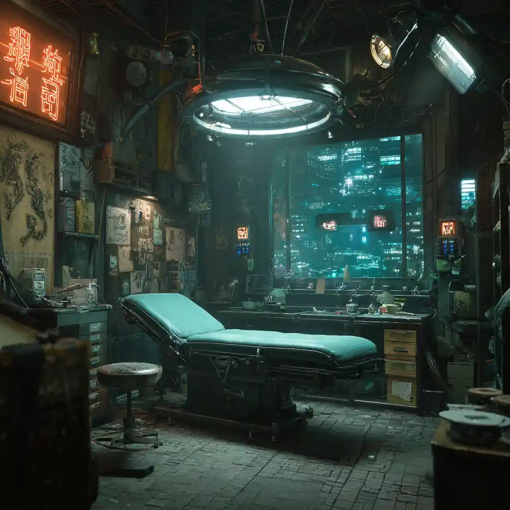 Creepy ghostly tattoo session in a futuristic Chinese studio
