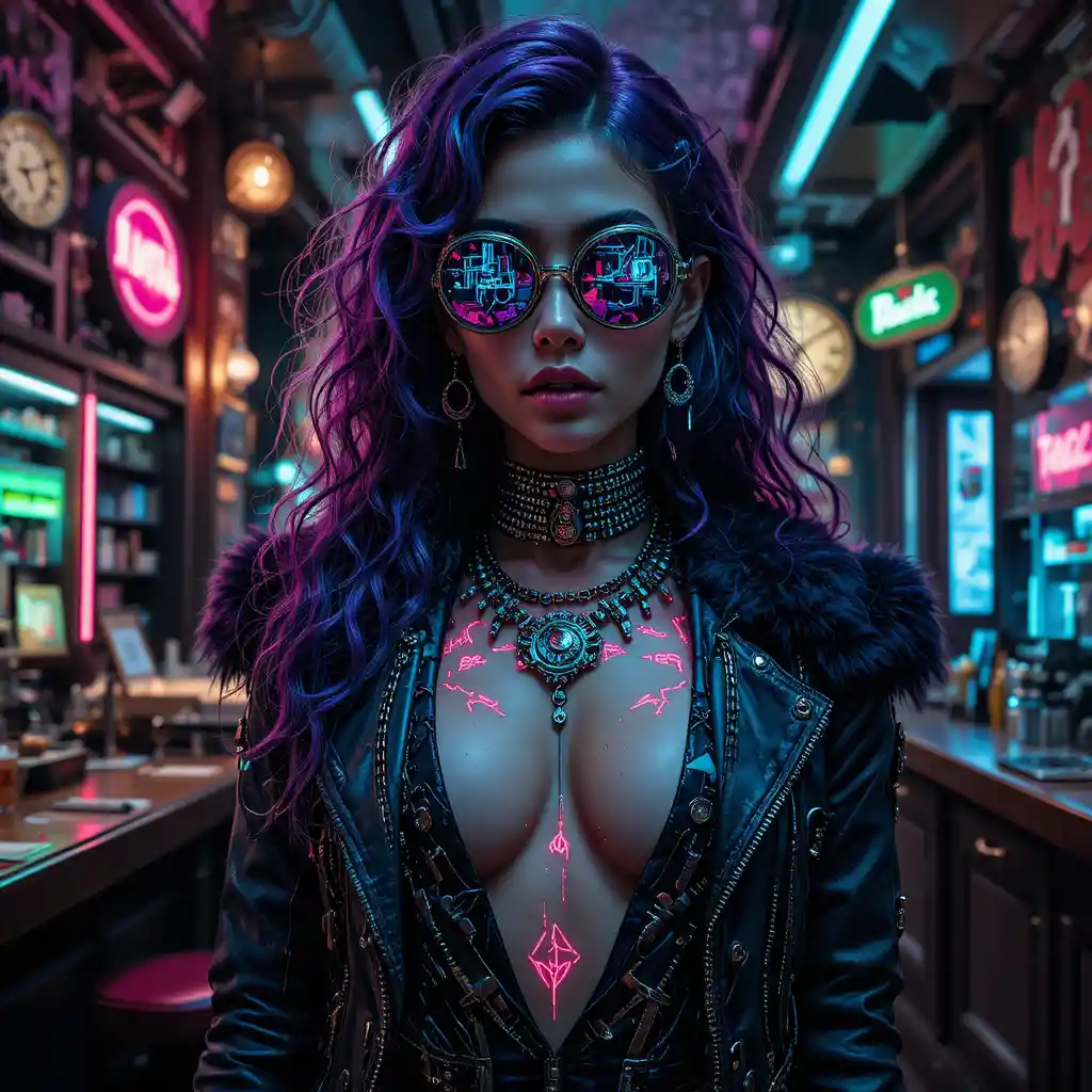 Kybernetische Frau in neonbeleuchtetem Steampunk‑Bar-Interieur
