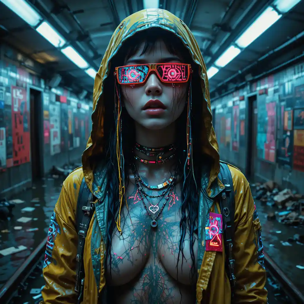 Cybernetic woman portrait in neon glitch subway tunnel