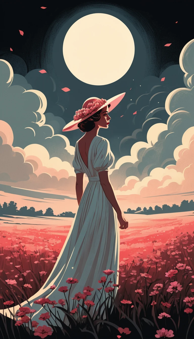 Woman In White Dress On Foggy Prairie At Sunrise