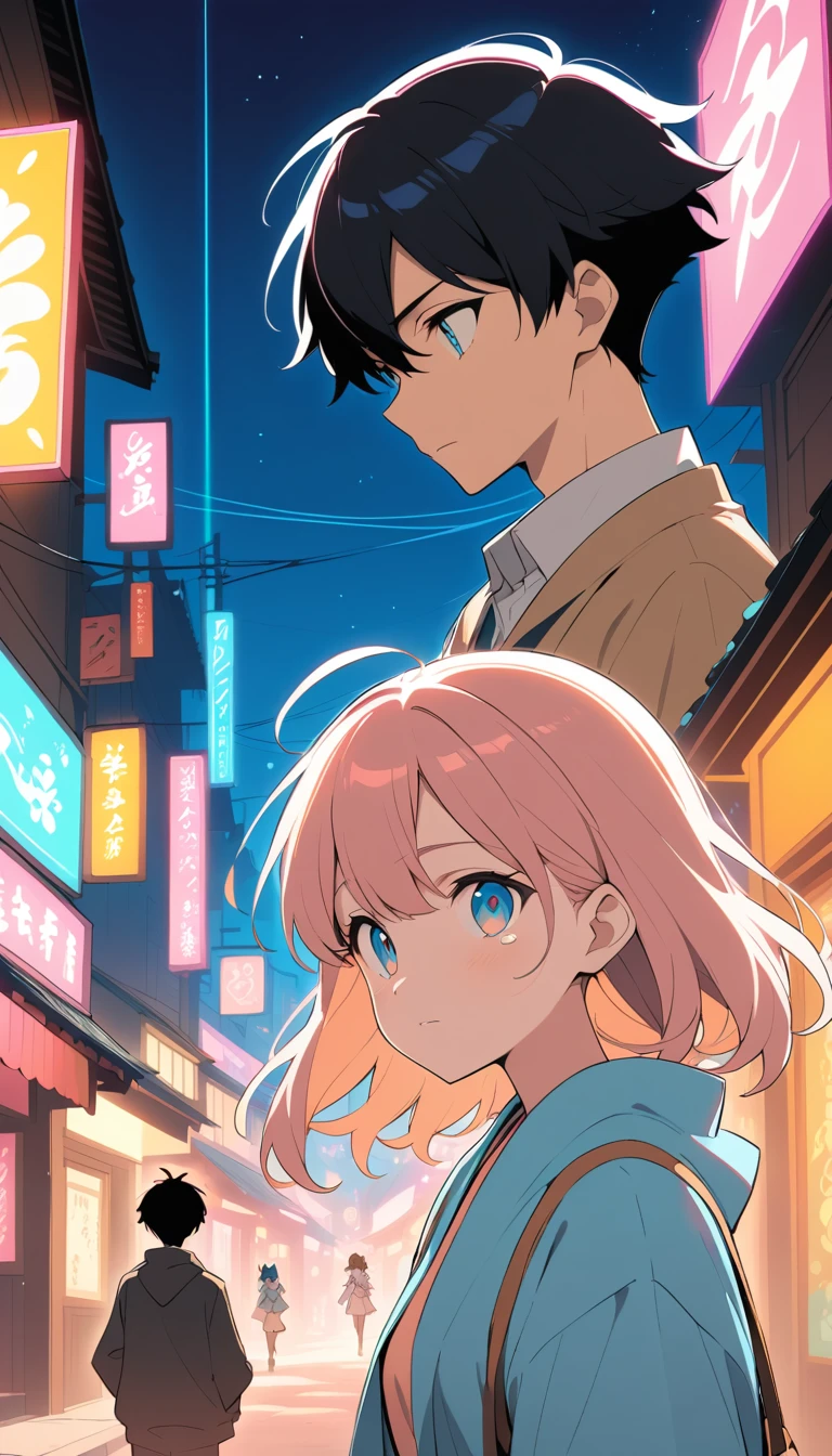 Emotional anime couple close up on a neon lit street