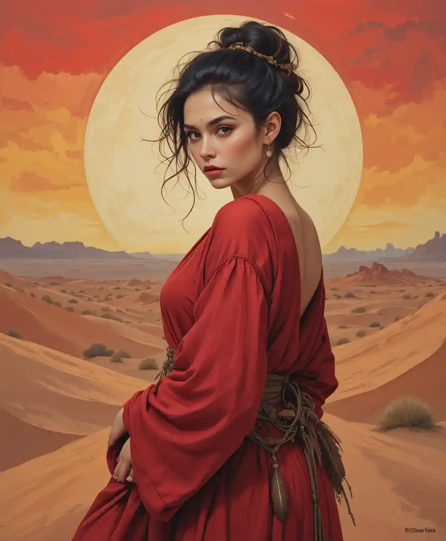 Woman in red robe before glowing desert sunset painting