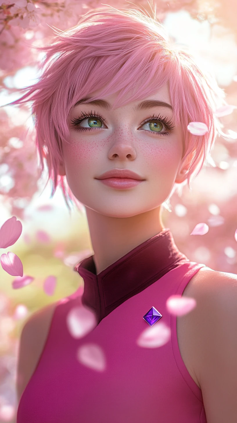 Pink haired anime girl among falling cherry blossoms