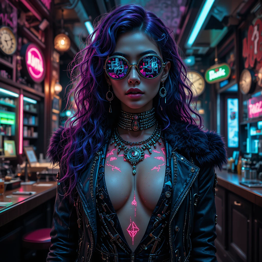 Kybernetische Frau in neonbeleuchtetem Steampunk‑Bar-Interieur