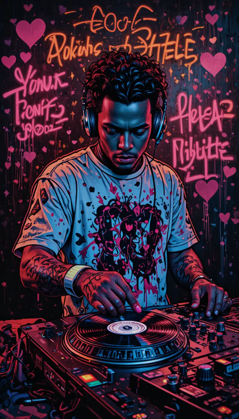 Neon graffiti style dj man with retro mixtape vibes