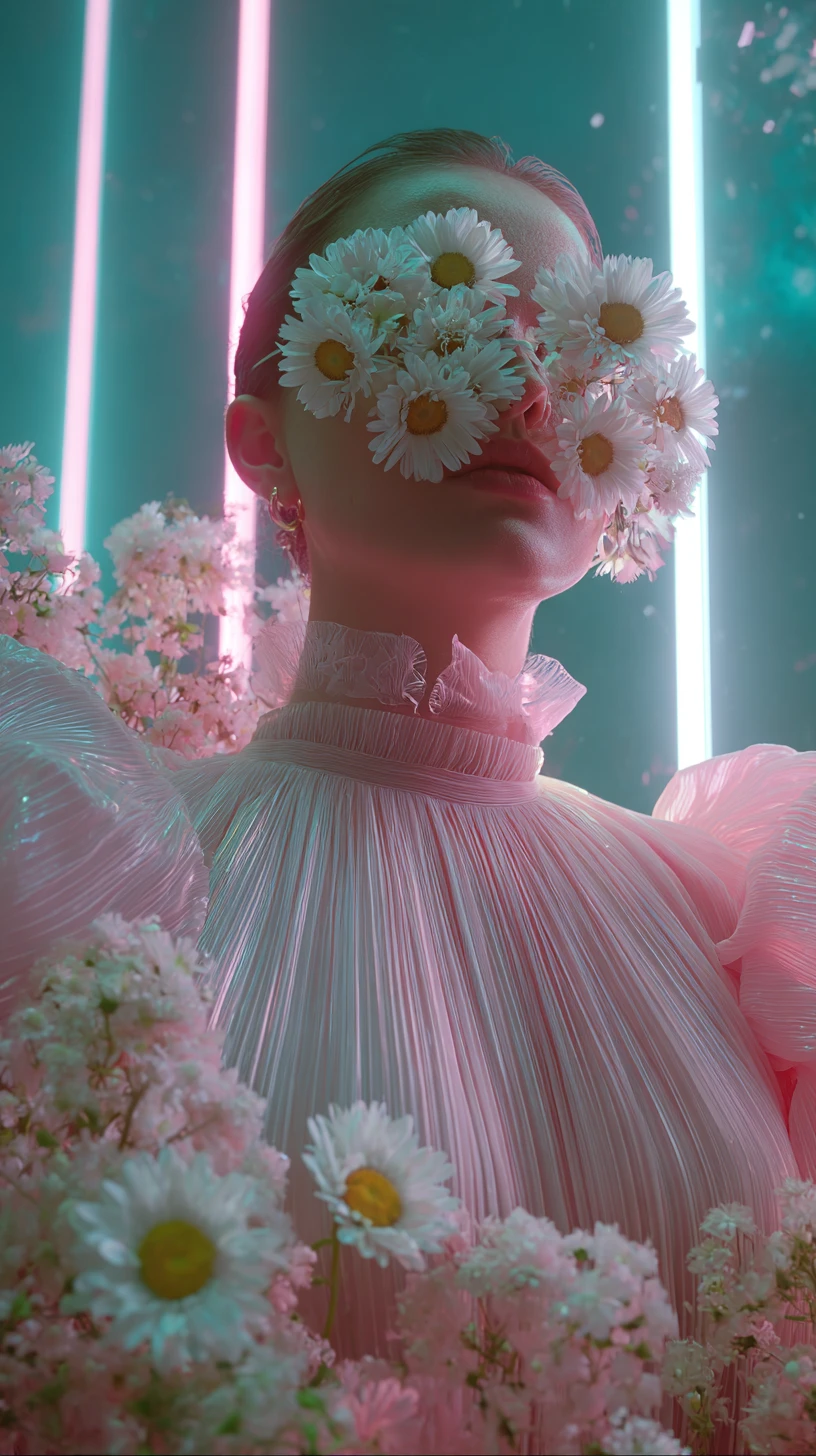 Frau im pinken Kleid mit Blumen und Neonlicht