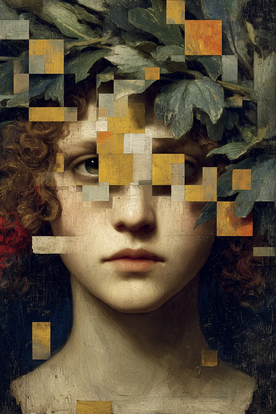 Glamorous punk woman with surreal glitch pixelated vision
