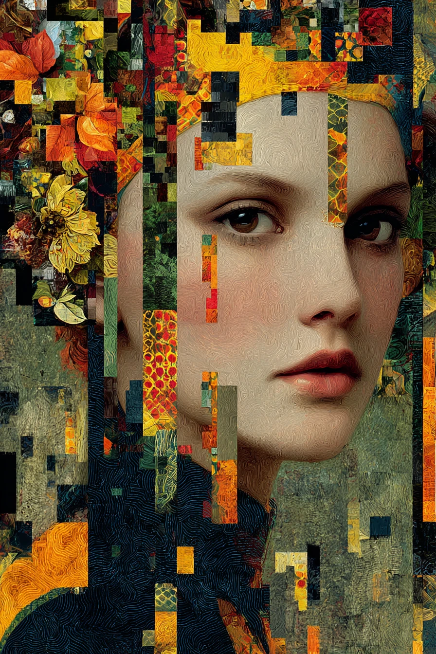 Surreal punk woman psychologist in vibrant painted portrait
